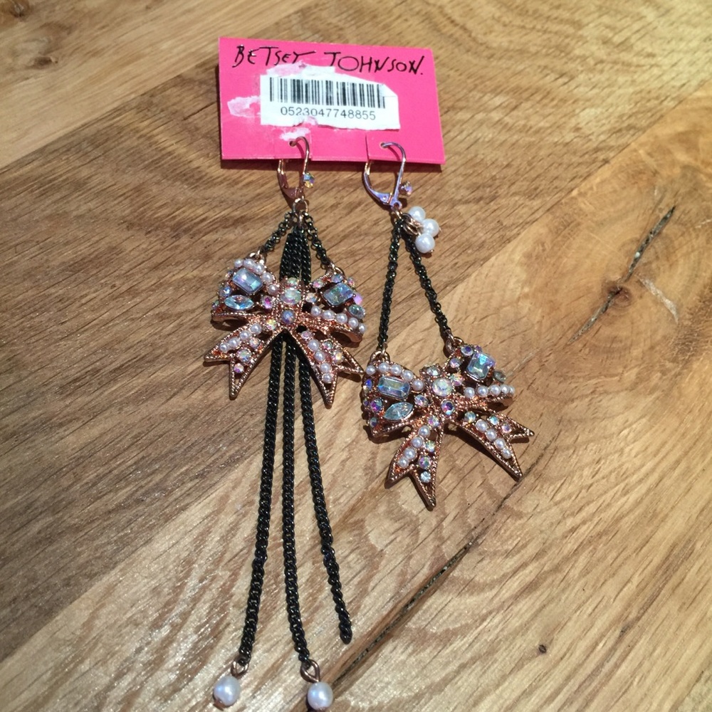 Betsey Johnson Crystal Gem Bow Drop Earrings
